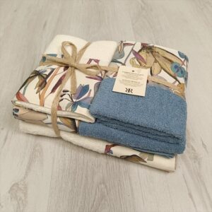 Set 4 Asciugamani Spugna Floreale Avio/Bianco 100% Cotone